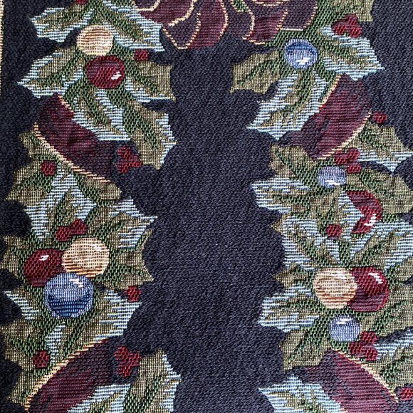 Vintage Tapestry Style Table Runner w/Burgundy Poinsettias & Holly Berri… - Picture 9 of 13